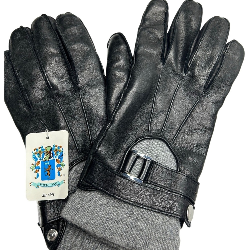 PORTOLANO Faux Leather Half Moon Gloves Black/steel-medium‎ wool/cashmere blend